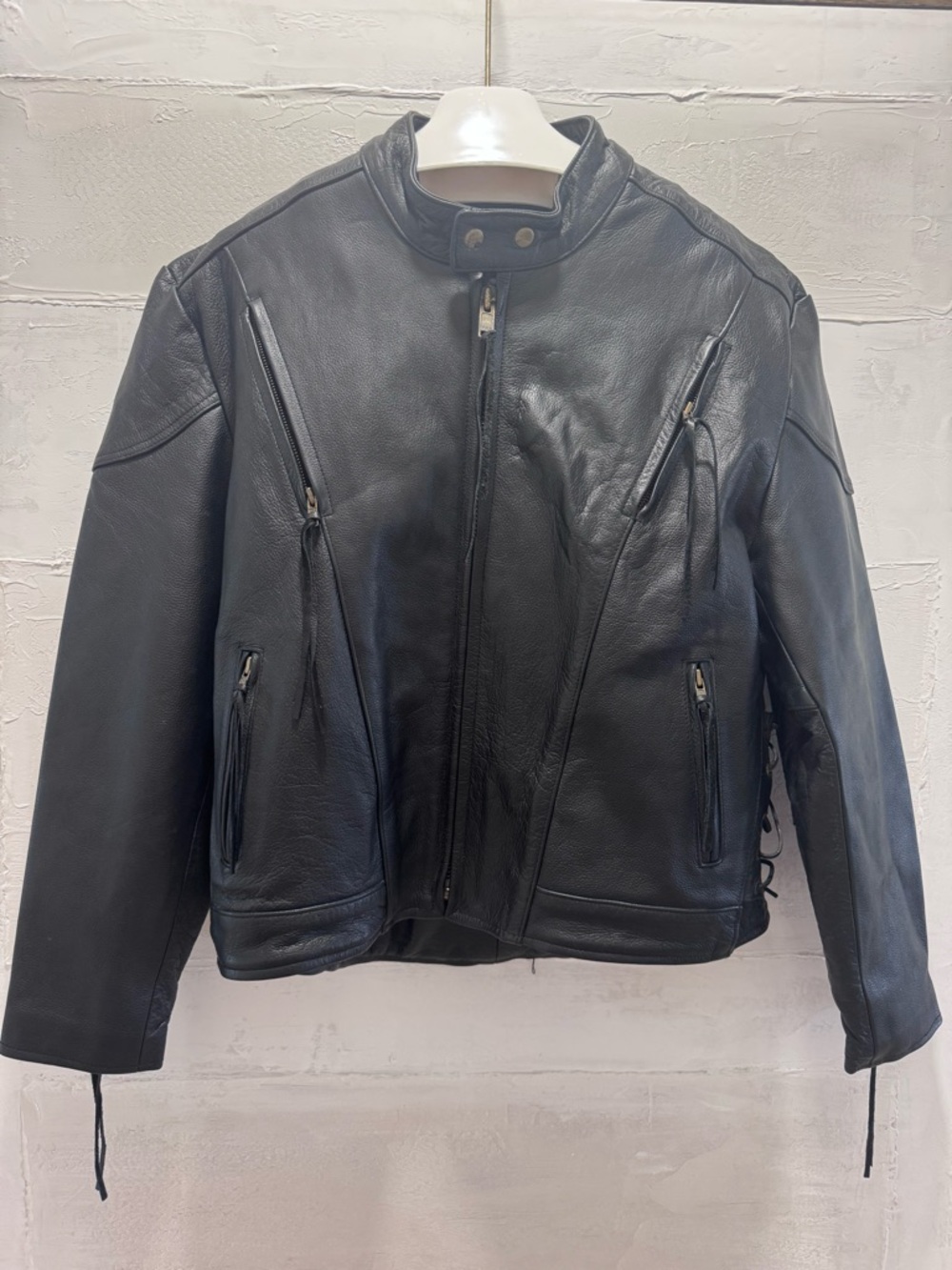 Vintage Black Leather Moto Jacket Lace Up Sides Biker Zip Cuffs Cropped